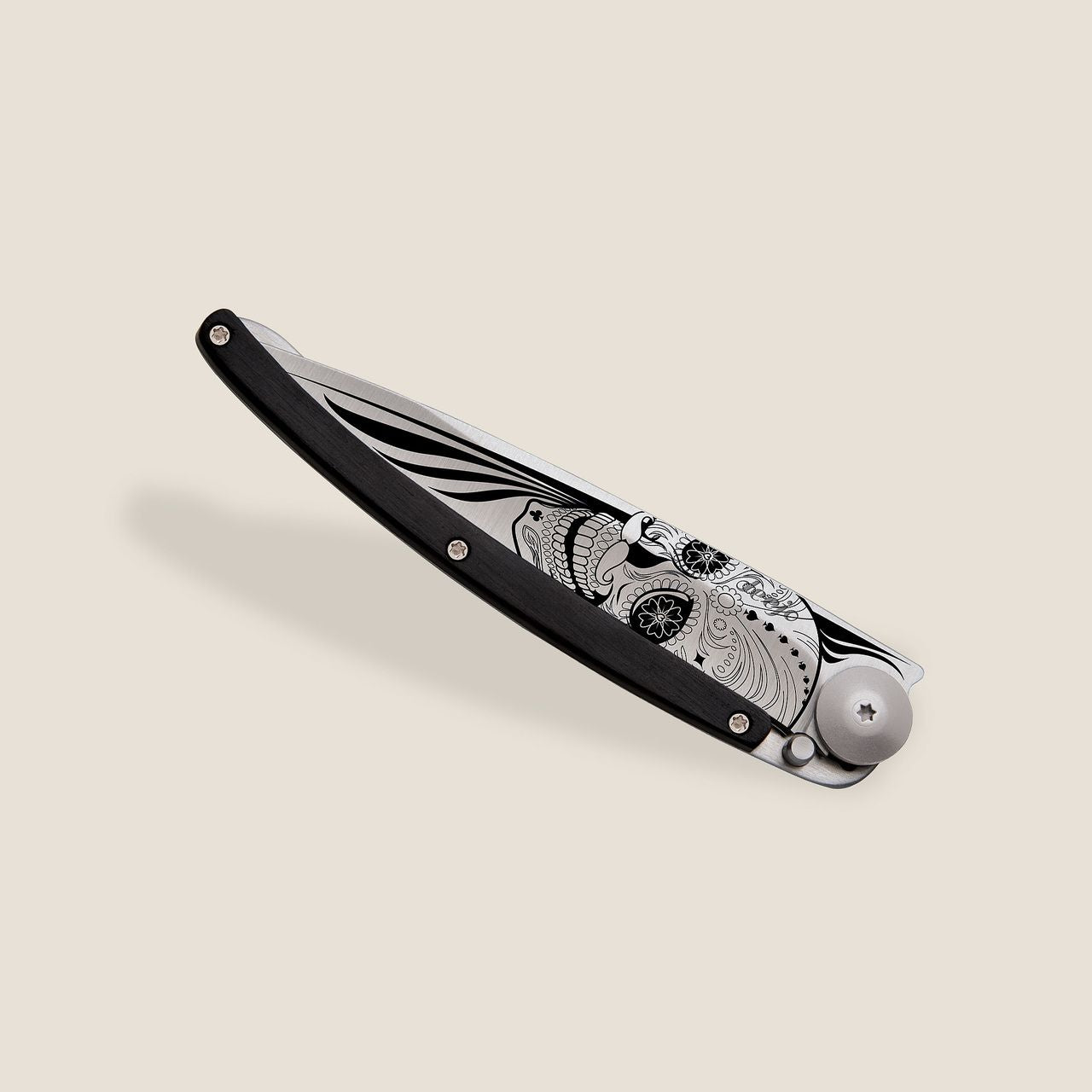 Deejo KNIFE DEEJO 37G POCKET KNIFE TITANIUM EBONY WOOD LATINO SKULL