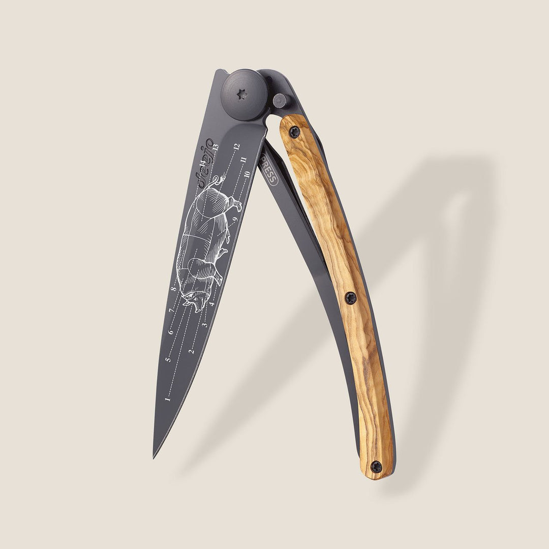 Deejo KNIFE DEEJO 37G OLIVE WOOD PRIME CUTS BLACK (DEE111)