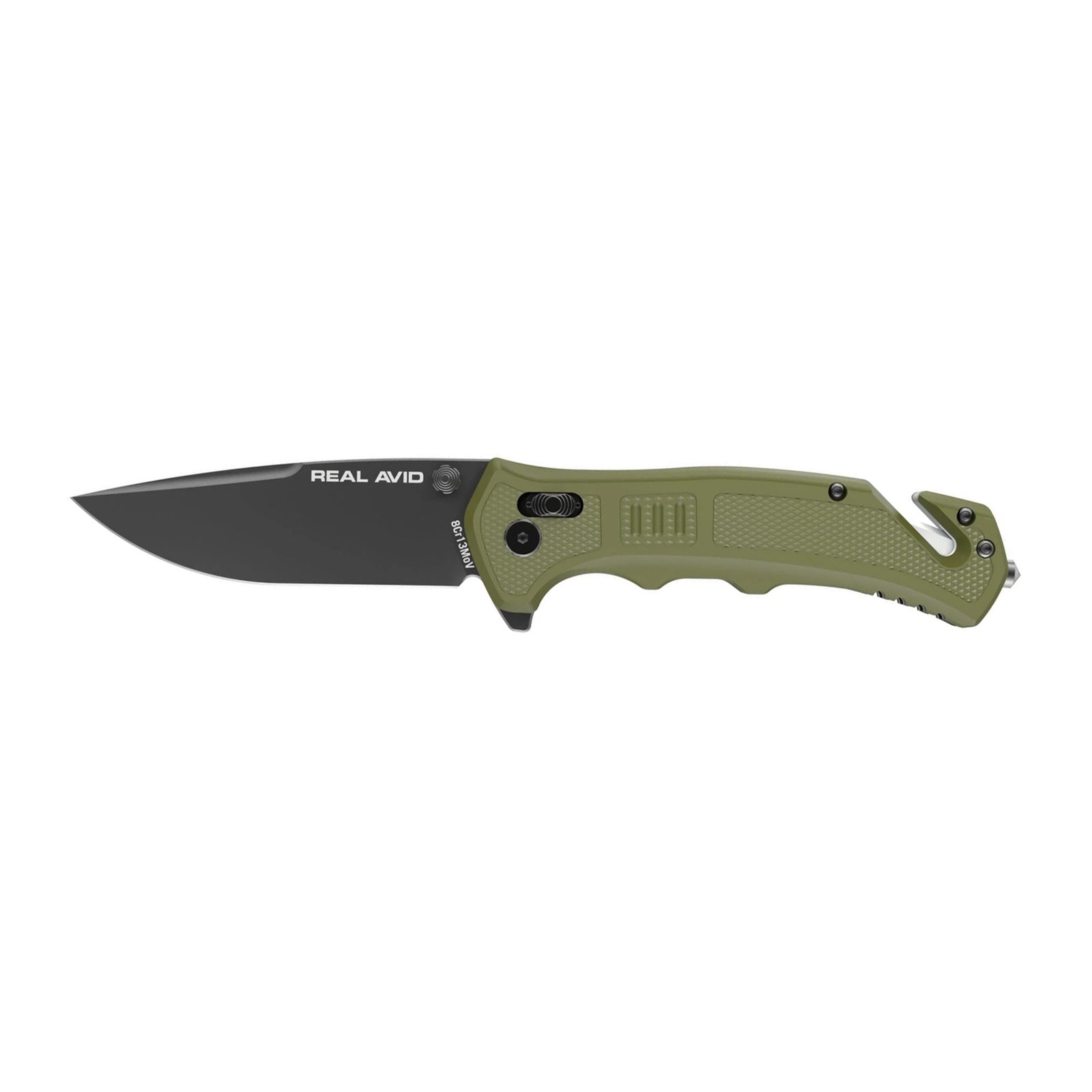 Real Avid RAV-4 BORN READY KNIFE GREEN GLASS FILLED NYLON HANDLE ,BLACK BLADE + STRAP C...