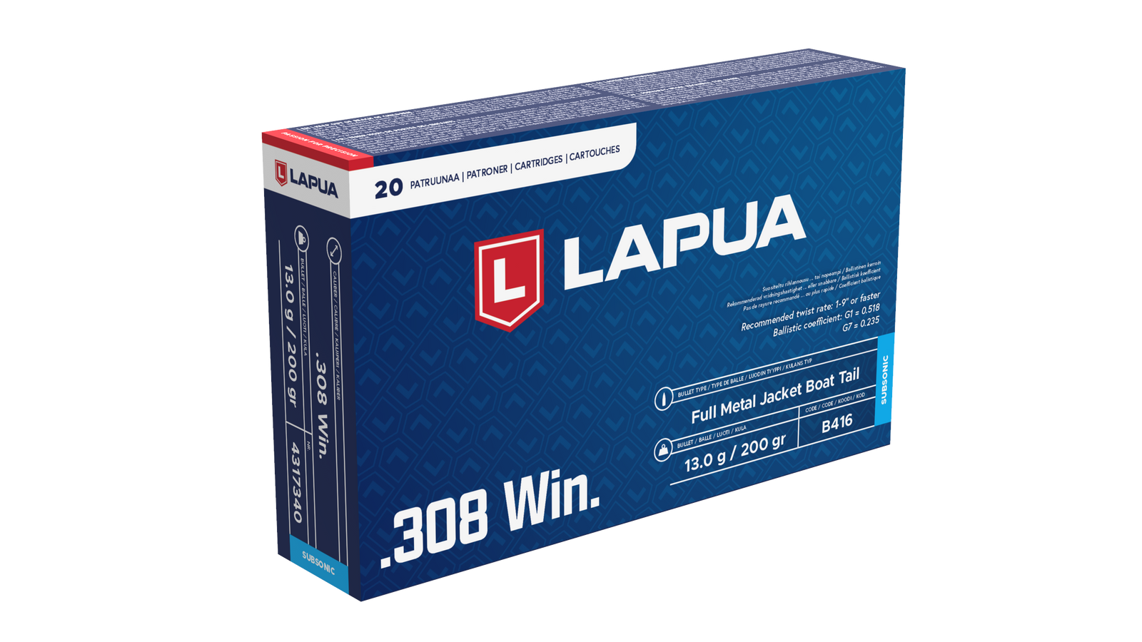 LAPUA AMMO 308 WIN SUBSONIC FMJBT 200GR (20)